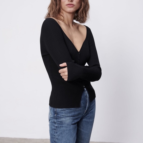 Zara Black Sweetheart Neckline Ribbed Knit Top Cardigan Sweater Size L - Picture 4 of 8